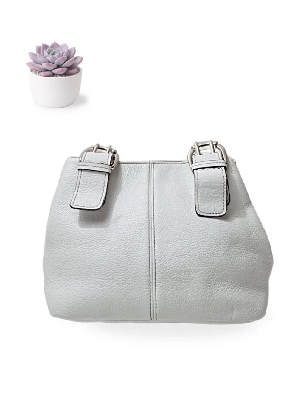 Tignanello White Pebbled Leather Satchel Shoulder Bag Silver Buckle Hardware